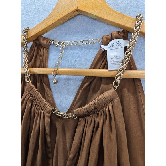 Vintage Cache Brown Silk Spandex Gold Chain Camisole Zipper Top XS Y2K - Picture 3 of 6